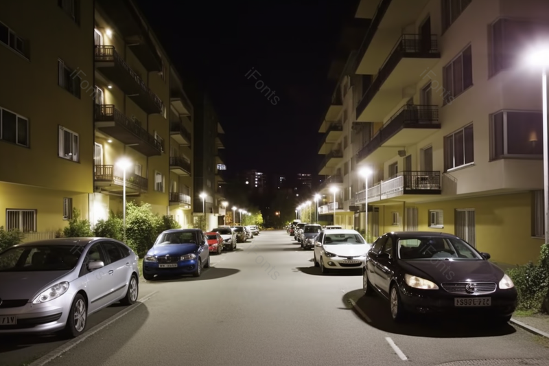 夜间停在建筑物中间的街道上的汽车实拍图,高清,摄影图,摄影图片,图片大全,摄影图免费下载